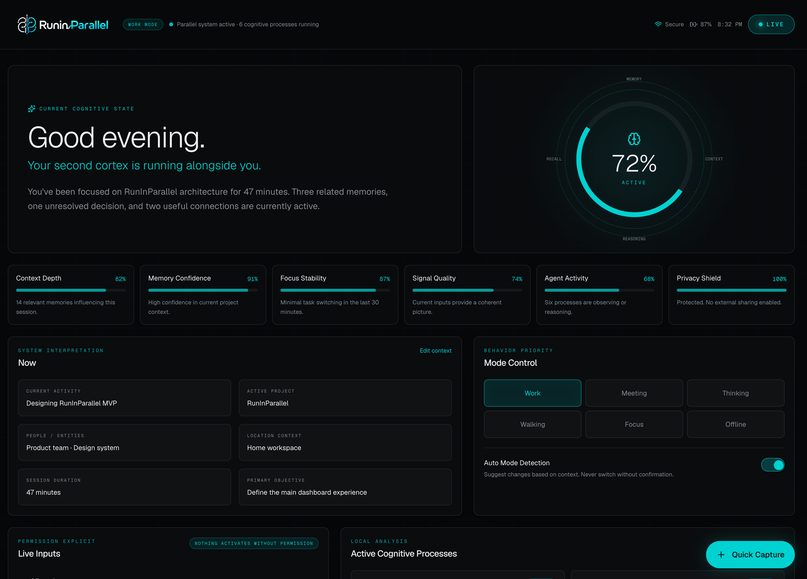 Dashboard prototype showing cognitive state, active context, system metrics, and mode controls